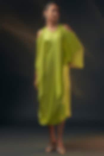 Lime Bamberg Satin & Chiffon Cowl Dress by Wendell Rodricks at Pernia's Pop Up Shop