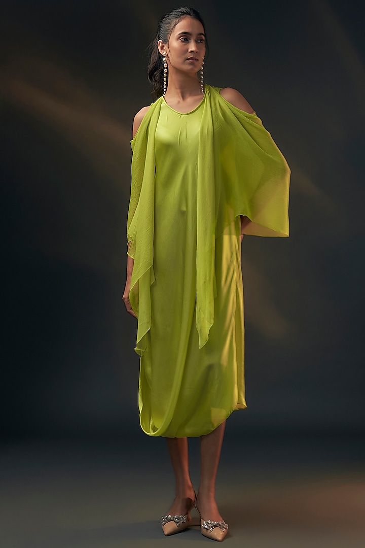 Lime Bamberg Satin & Chiffon Cowl Dress by Wendell Rodricks at Pernia's Pop Up Shop