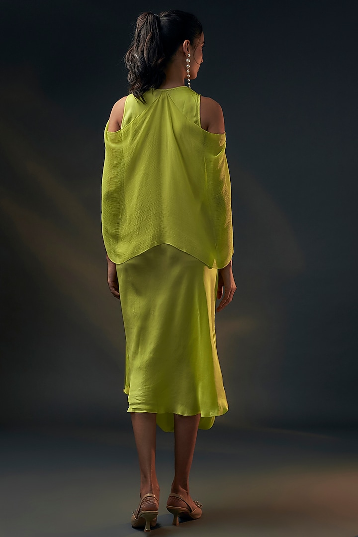 Lime Bamberg Satin & Chiffon Cowl Vacation Dress by Wendell Rodricks at Pernia's Pop Up Shop