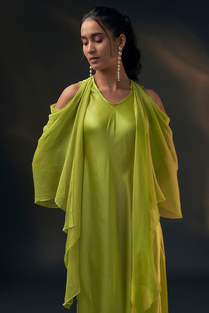 Lime Bamberg Satin & Chiffon Cowl Vacation Dress by Wendell Rodricks at Pernia's Pop Up Shop