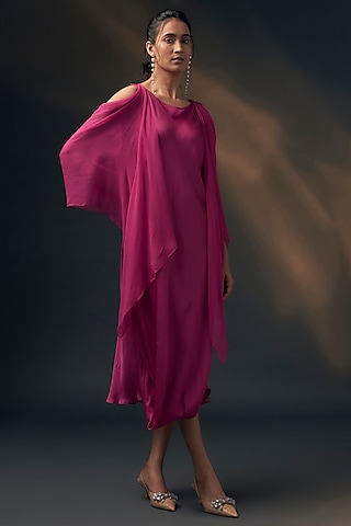 Pink Bamberg Satin & Chiffon Cowl Dress by Wendell Rodricks