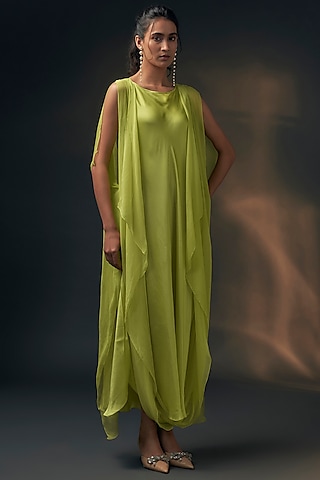 Lime Bamberg Satin & Chiffon Cape Dress by Wendell Rodricks