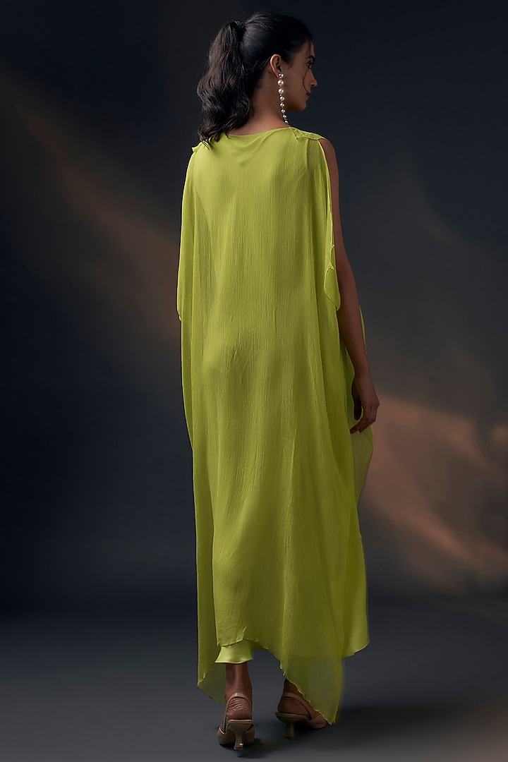 Lime Bamberg Satin & Chiffon Cape Vacation Dress by Wendell Rodricks at Pernia's Pop Up Shop