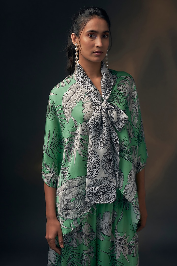 Mint Green Bamberg Satin Printed Co-Ord Set by Wendell Rodricks at Pernia's Pop Up Shop