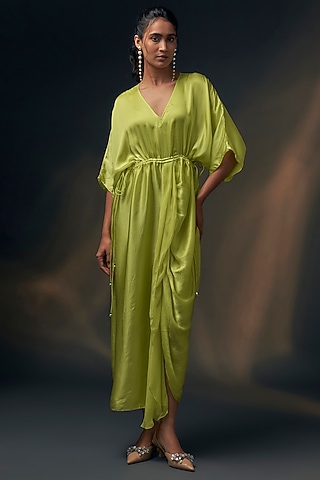 Lime Bamberg Satin Ruched Dress by Wendell Rodricks