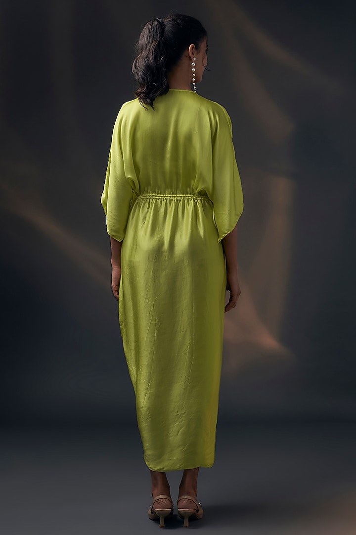 Lime Bamberg Satin Ruched Vacation Dress by Wendell Rodricks at Pernia's Pop Up Shop