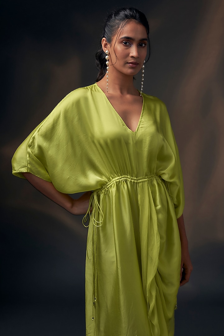 Lime Bamberg Satin Ruched Vacation Dress by Wendell Rodricks at Pernia's Pop Up Shop