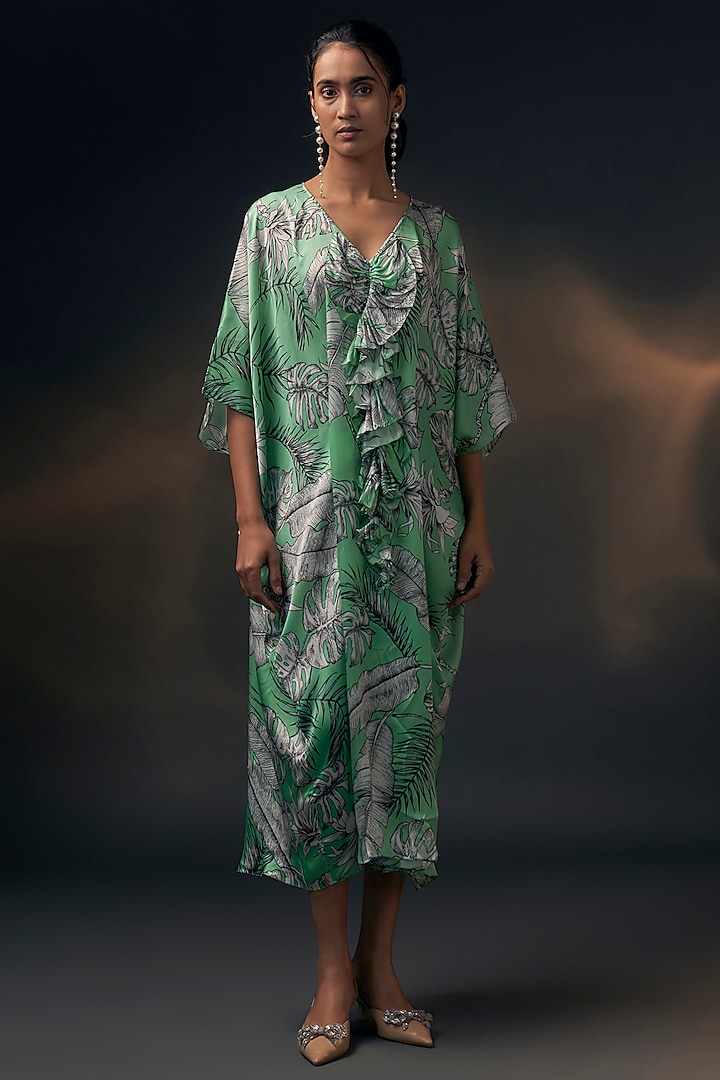 Mint Green Bamberg Satin Printed Kaftan by Wendell Rodricks at Pernia's Pop Up Shop