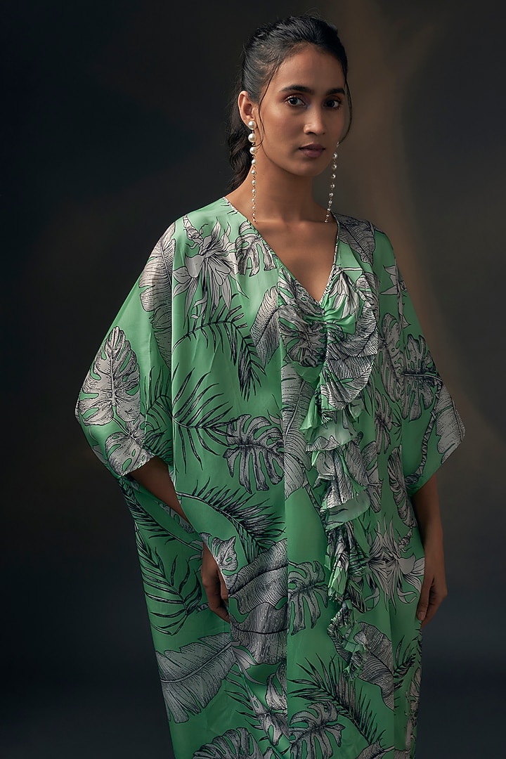 Mint Green Bamberg Satin Printed Kaftan by Wendell Rodricks at Pernia's Pop Up Shop