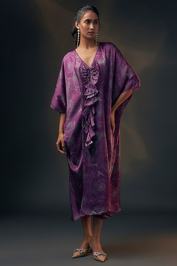 Aubergine Green Bamberg Satin Printed Kaftan by Wendell Rodricks at Pernia's Pop Up Shop