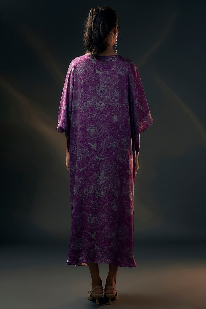 Aubergine Green Bamberg Satin Printed Kaftan by Wendell Rodricks at Pernia's Pop Up Shop