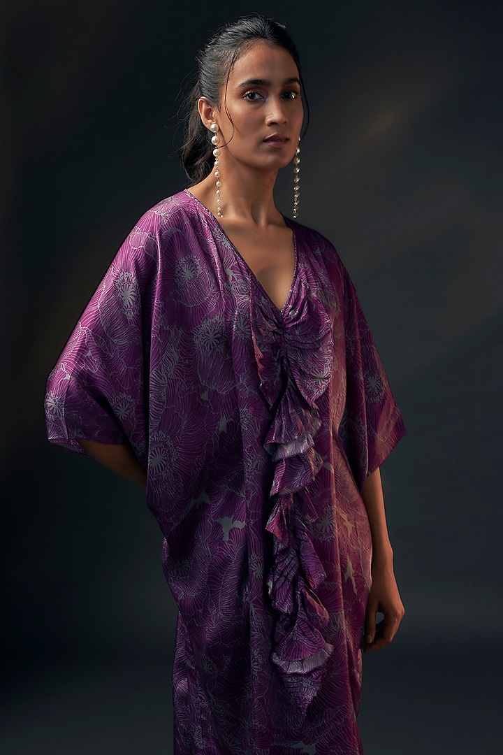 Aubergine Green Bamberg Satin Printed Kaftan by Wendell Rodricks at Pernia's Pop Up Shop