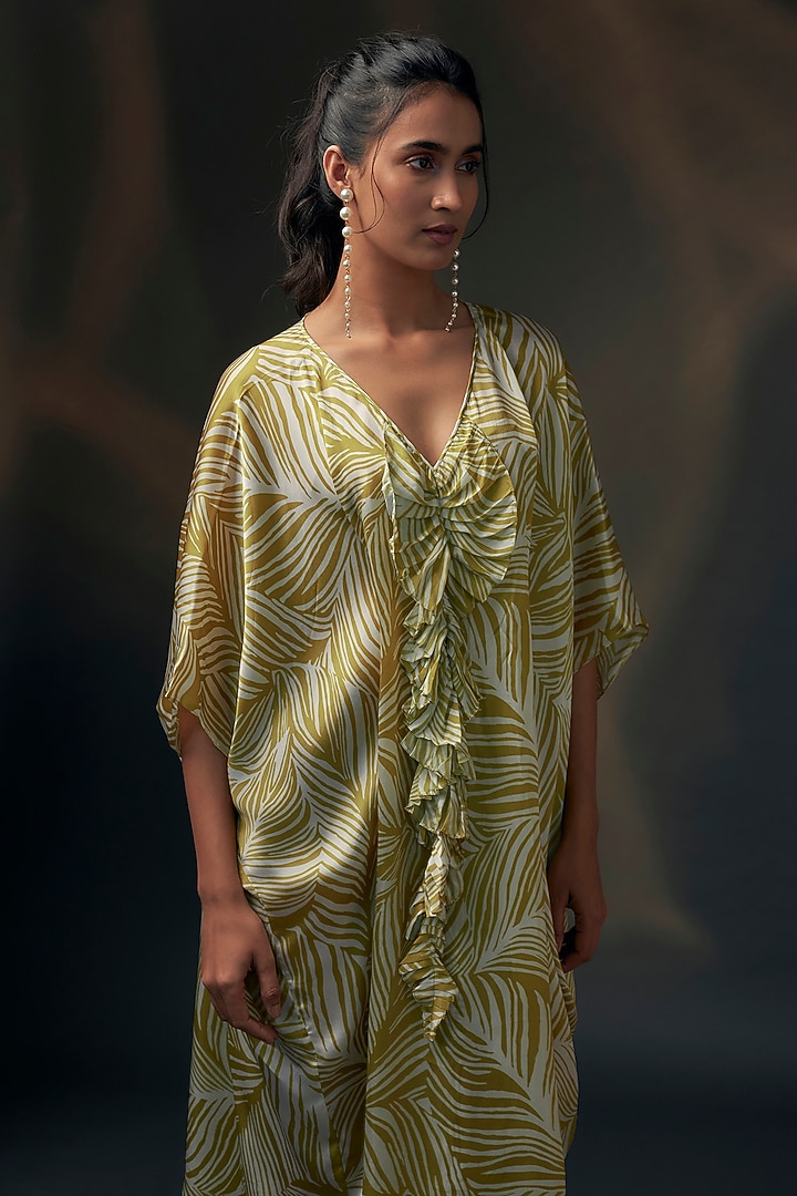 Mustard & Off-White Bamberg Satin Printed Kaftan by Wendell Rodricks at Pernia's Pop Up Shop