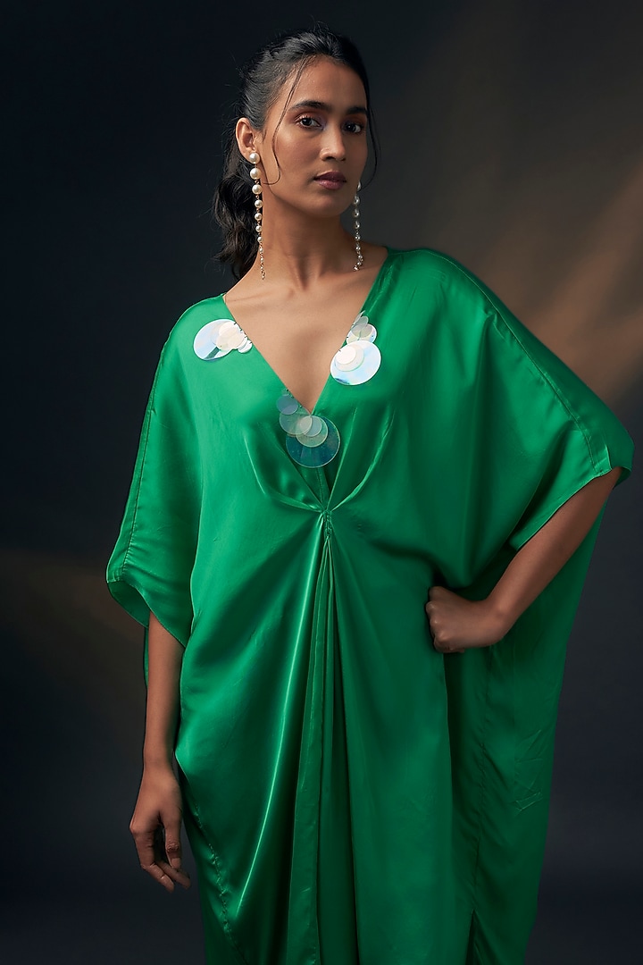Green Bamberg Satin Kaftan by Wendell Rodricks at Pernia's Pop Up Shop