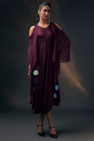 Aubergine Bamberg Satin & Chiffon Cowl Dress by Wendell Rodricks