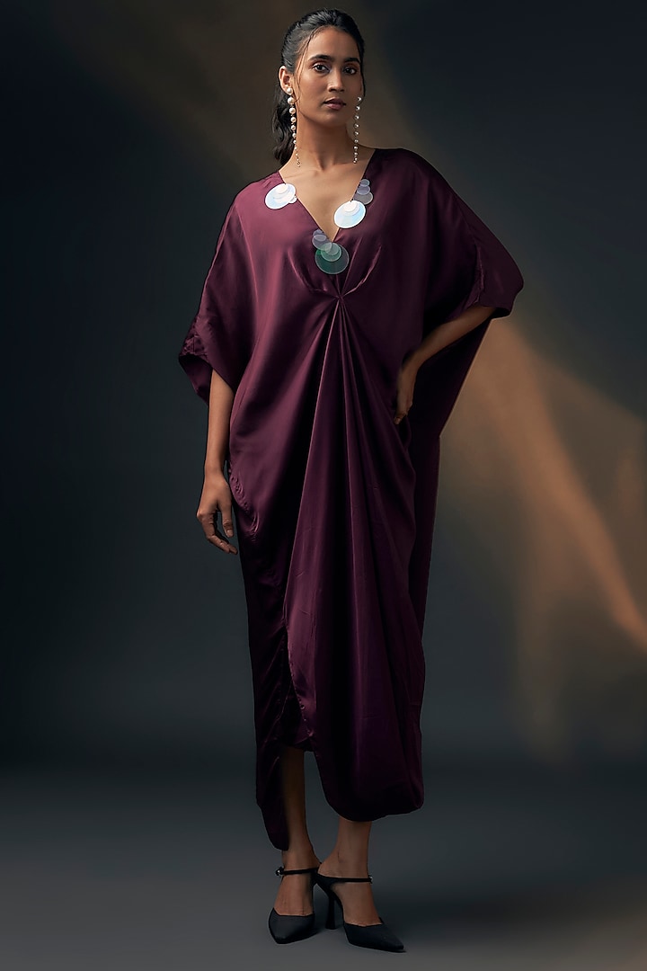 Aubergine Bamberg Satin Kaftan by Wendell Rodricks at Pernia's Pop Up Shop