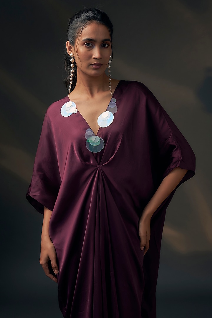 Aubergine Bamberg Satin Kaftan by Wendell Rodricks at Pernia's Pop Up Shop