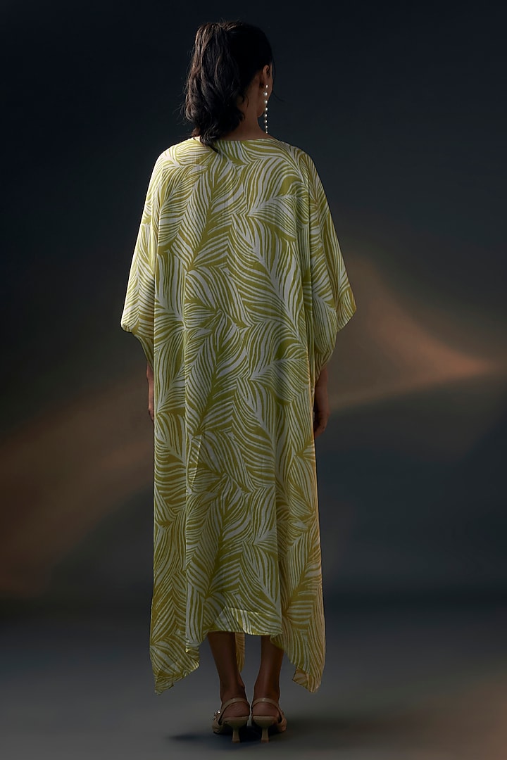 Mustard & Off-White Bamberg Satin Printed Kaftan by Wendell Rodricks at Pernia's Pop Up Shop