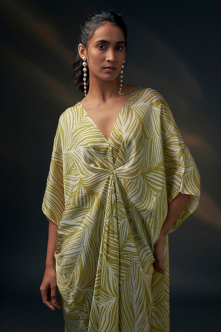 Mustard & Off-White Bamberg Satin Printed Kaftan by Wendell Rodricks at Pernia's Pop Up Shop