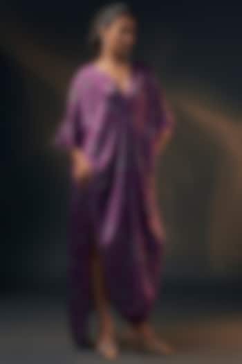 Aubergine Bamberg Satin Printed Kaftan by Wendell Rodricks at Pernia's Pop Up Shop