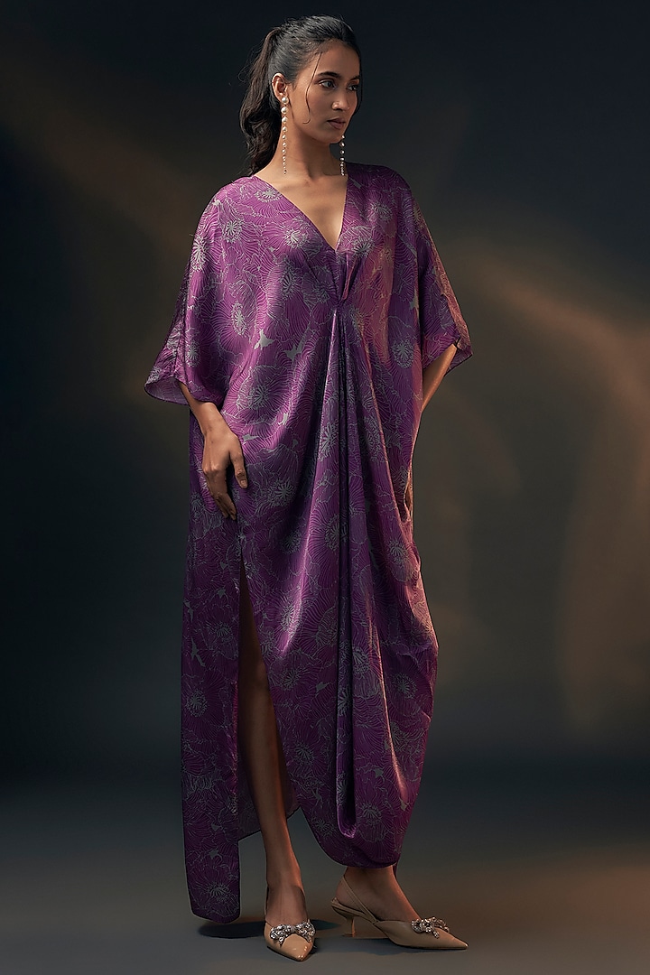 Aubergine Bamberg Satin Printed Kaftan by Wendell Rodricks at Pernia's Pop Up Shop