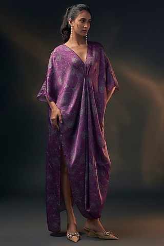 Aubergine Bamberg Satin Printed Kaftan by Wendell Rodricks