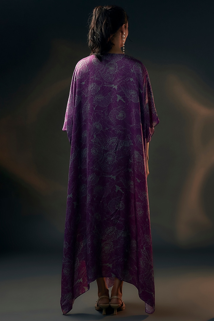 Aubergine Bamberg Satin Printed Kaftan by Wendell Rodricks at Pernia's Pop Up Shop