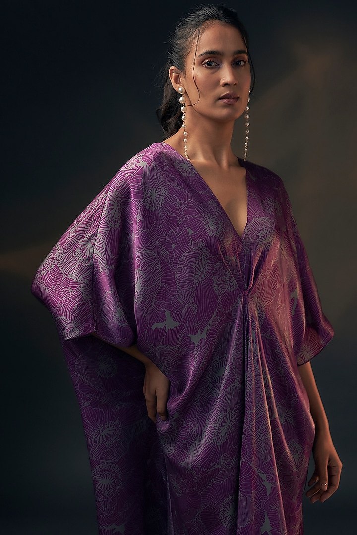 Aubergine Bamberg Satin Printed Kaftan by Wendell Rodricks at Pernia's Pop Up Shop