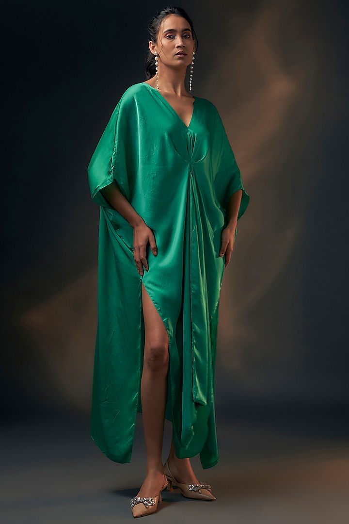 Green Bamberg Satin Kaftan by Wendell Rodricks at Pernia's Pop Up Shop