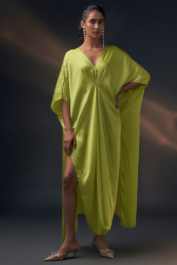 Lime Bamberg Satin Kaftan by Wendell Rodricks at Pernia's Pop Up Shop