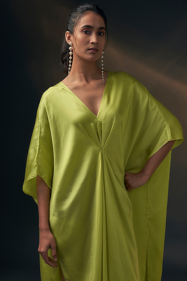 Lime Bamberg Satin Kaftan by Wendell Rodricks at Pernia's Pop Up Shop
