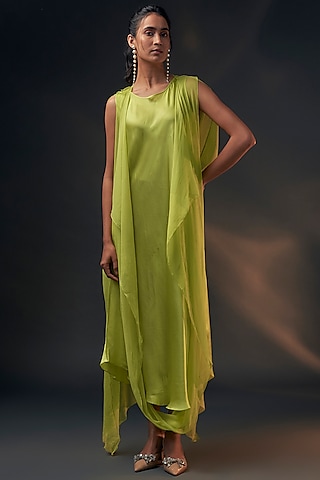 Lime Bamberg Satin & Chiffon Cape Dress by Wendell Rodricks