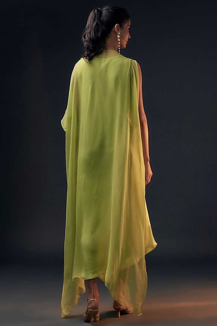 Lime Bamberg Satin & Chiffon Cape Vacation Dress by Wendell Rodricks at Pernia's Pop Up Shop