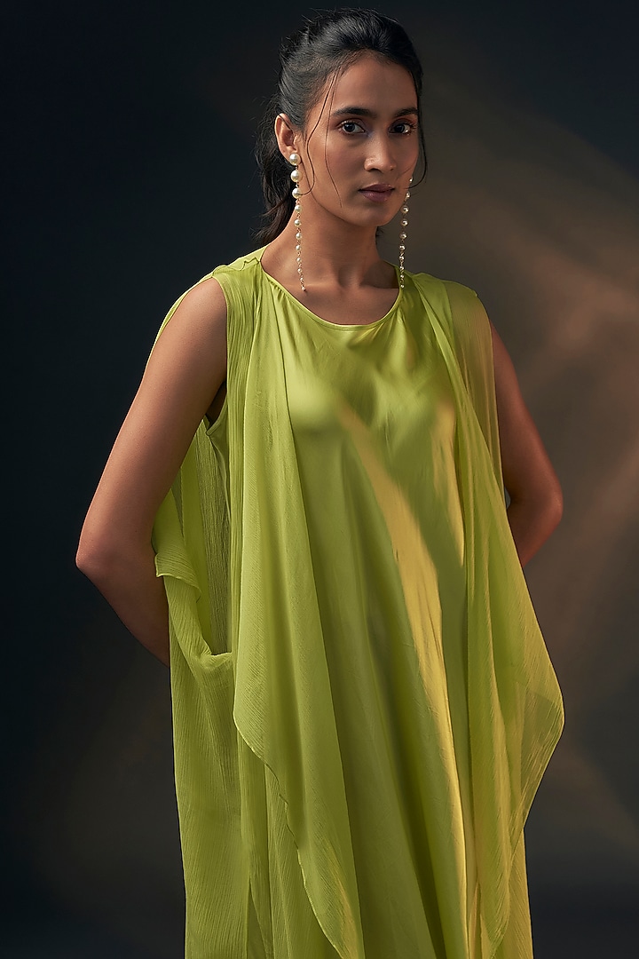 Lime Bamberg Satin & Chiffon Cape Vacation Dress by Wendell Rodricks at Pernia's Pop Up Shop