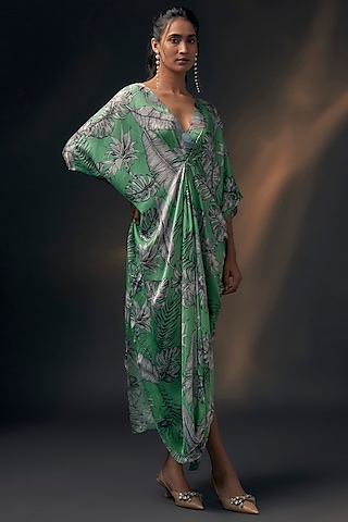 Mint Green Bamberg Satin Printed Dress by Wendell Rodricks