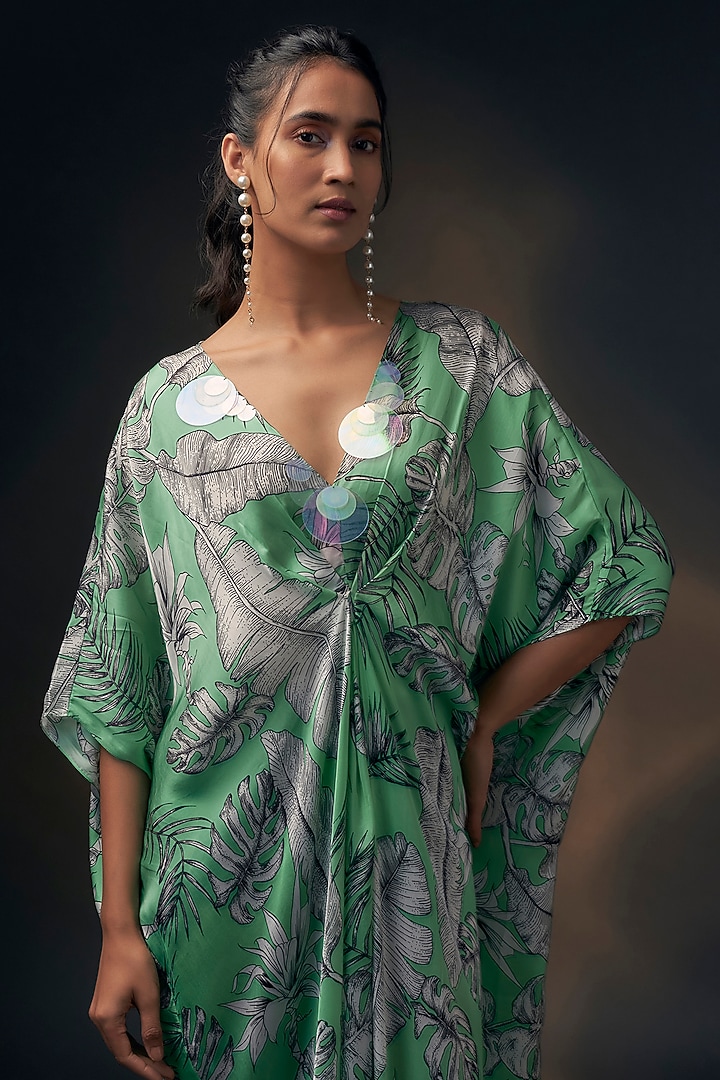 Mint Green Bamberg Satin Printed Vacation Dress by Wendell Rodricks at Pernia's Pop Up Shop