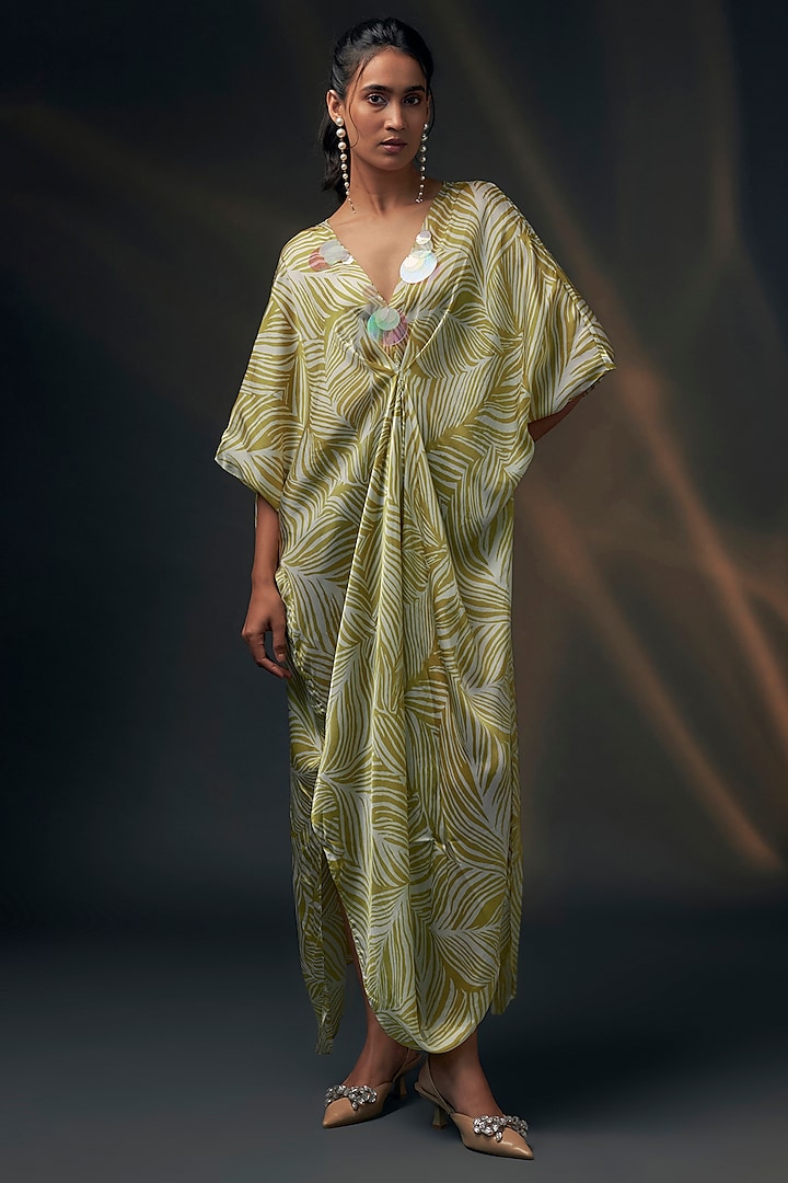 Mustard & Off-White Bamberg Satin Printed Dress by Wendell Rodricks at Pernia's Pop Up Shop