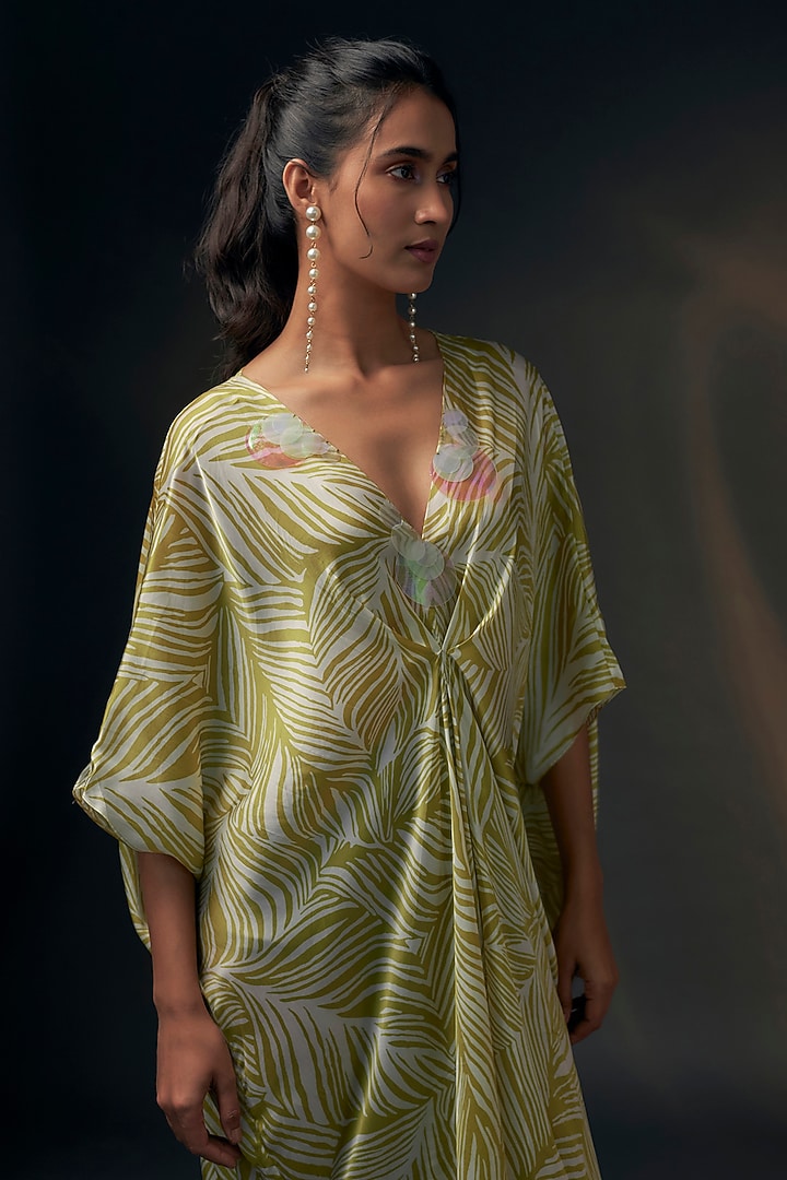 Mustard & Off-White Bamberg Satin Printed Vacation Dress by Wendell Rodricks at Pernia's Pop Up Shop