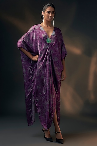 Aubergine Bamberg Satin Printed Dress by Wendell Rodricks