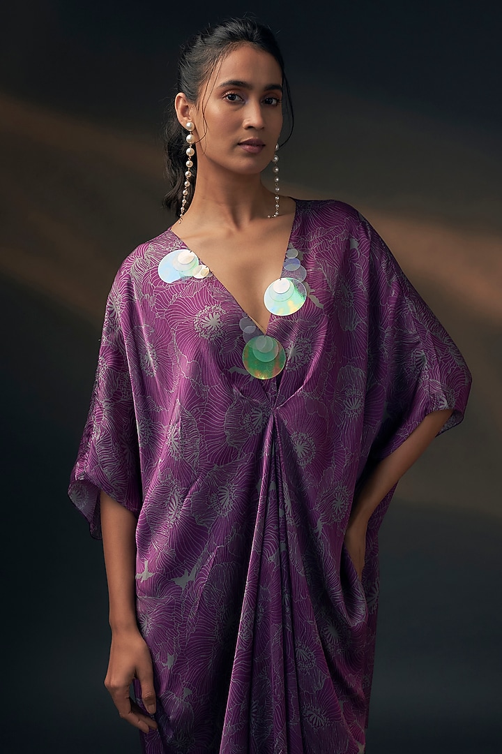 Aubergine Bamberg Satin Printed Vacation Dress by Wendell Rodricks at Pernia's Pop Up Shop