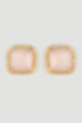 Gold Finish Square Stud Earrings With Pink Jade by Wendell Rodricks at Pernia's Pop Up Shop
