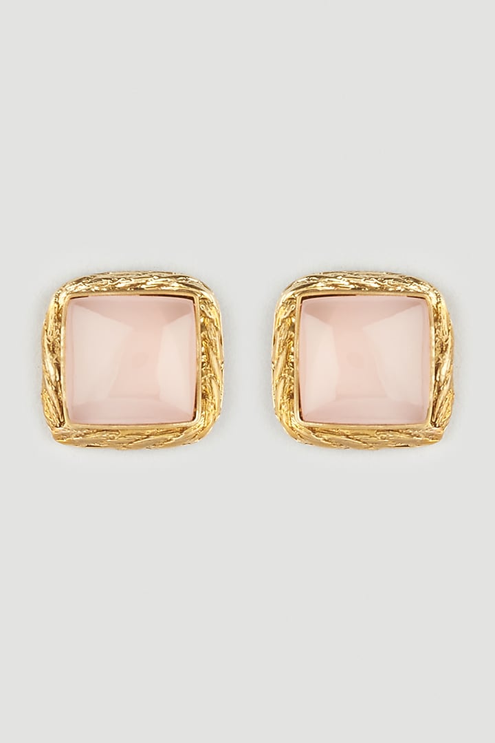 Gold Finish Square Stud Earrings With Pink Jade by Wendell Rodricks at Pernia's Pop Up Shop