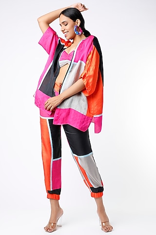 Black & Fuchsia Linen Satin Digital Printed Pant Set by Wendell Rodricks