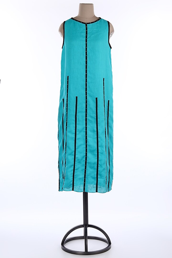 Turquoise Linen Summer Dress With Piping by Wendell Rodricks at Pernia's Pop Up Shop