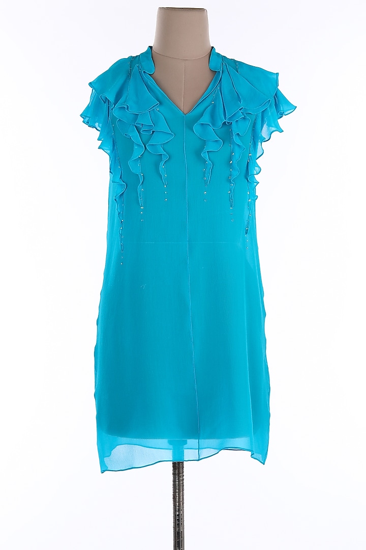 Turquoise Crepe & Georgette Mini Vacation Dress by Wendell Rodricks at Pernia's Pop Up Shop