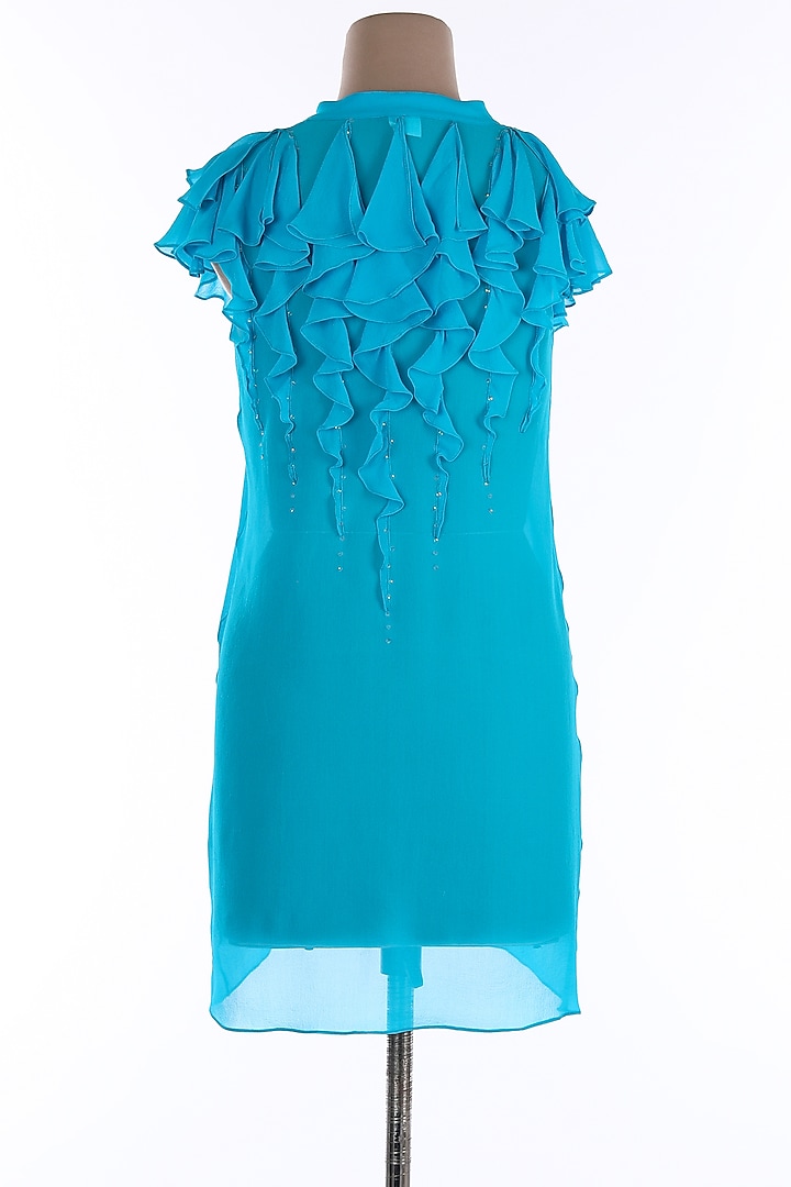 Turquoise Crepe & Georgette Mini Vacation Dress by Wendell Rodricks at Pernia's Pop Up Shop