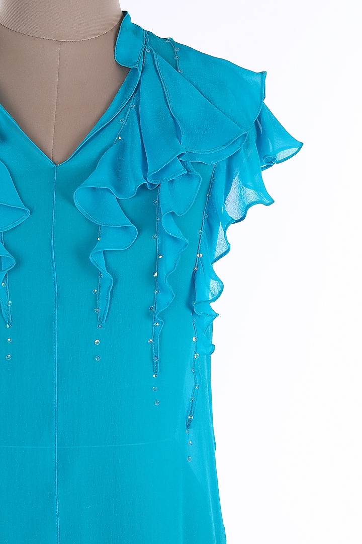 Turquoise Crepe & Georgette Mini Vacation Dress by Wendell Rodricks at Pernia's Pop Up Shop