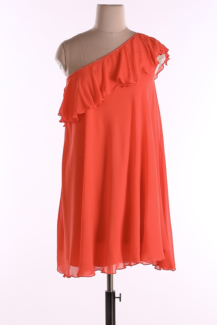 Orange One Shoulder Embroidered Dress by Wendell Rodricks