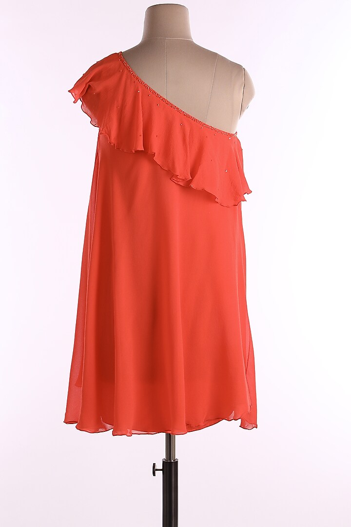 Orange One Shoulder Embroidered Vacation Dress by Wendell Rodricks at Pernia's Pop Up Shop