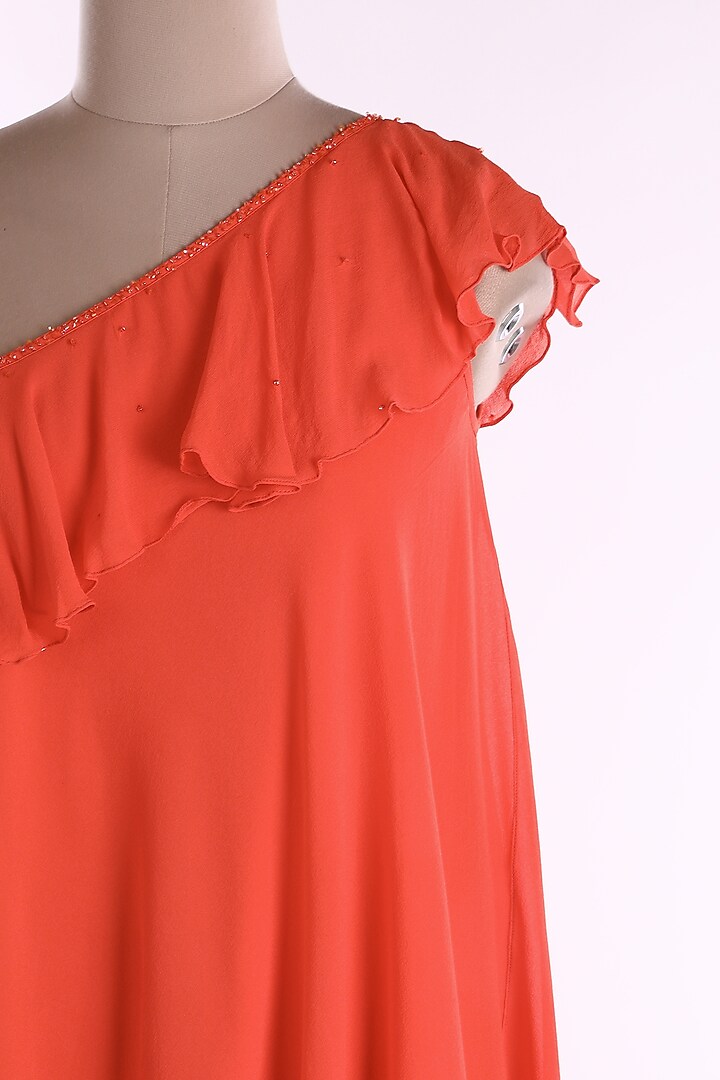 Orange One Shoulder Embroidered Vacation Dress by Wendell Rodricks at Pernia's Pop Up Shop